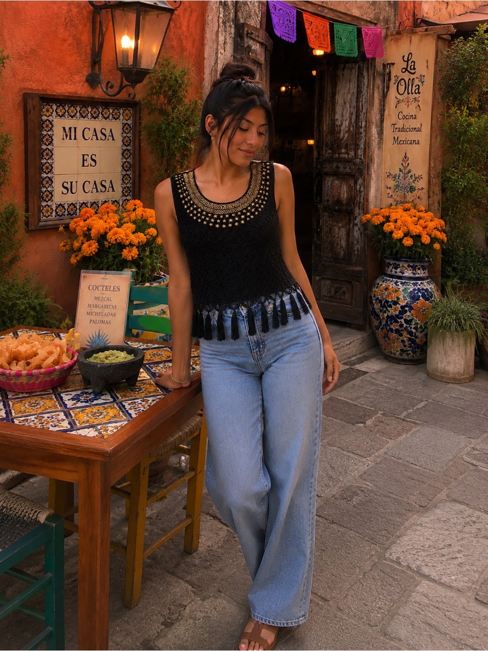 Mexican Black Embroidered Tassel Poncho with  Neck Detail